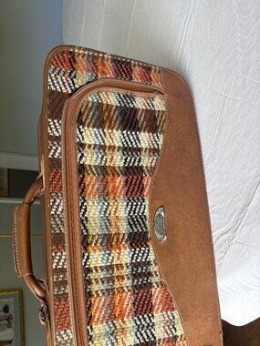 Vintage MCM Leather and Plaid Tweed Suitcase